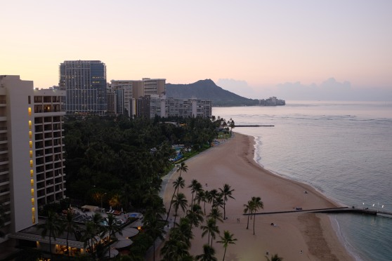 view of Pacific Ocean at sunrise from our Hilton Hawaiian Village Waikiki Beach Resort room